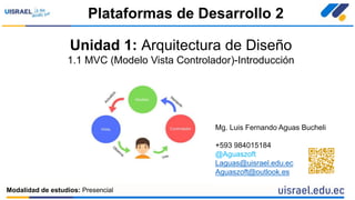 Unidad 1: Arquitectura de Diseño
1.1 MVC (Modelo Vista Controlador)-Introducción
Plataformas de Desarrollo 2
Modalidad de estudios: Presencial
Mg. Luis Fernando Aguas Bucheli
+593 984015184
@Aguaszoft
Laguas@uisrael.edu.ec
Aguaszoft@outlook.es
 