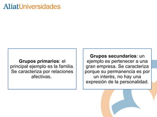 Grupos primarios: el
principal ejemplo es la familia.
Se caracteriza por relaciones
afectivas.
Grupos secundarios: un
ejemplo es pertenecer a una
gran empresa. Se caracteriza
porque su permanencia es por
un interés, no hay una
expresión de la personalidad.
 