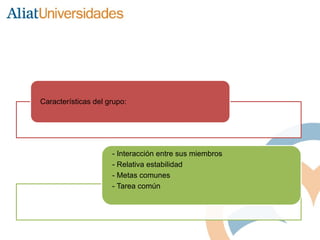 Características del grupo:
- Interacción entre sus miembros
- Relativa estabilidad
- Metas comunes
- Tarea común
 