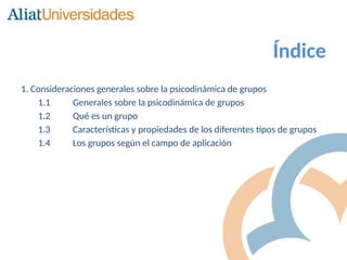 1. Consideraciones generales sobre la psicodinámica de grupos
1.1 Generales sobre la psicodinámica de grupos
1.2 Qué es un grupo
1.3 Características y propiedades de los diferentes tipos de grupos
1.4 Los grupos según el campo de aplicación
Índice
 