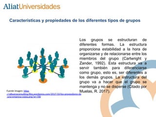 Características y propiedades de los diferentes tipos de grupos
Los grupos se estructuran de
diferentes formas. La estructura
proporciona estabilidad a la hora de
organizarse y de relacionarse entre los
miembros del grupo (Cartwright y
Zander, 1992). Esta estructura va a
servir también para diferenciarse
como grupo, esto es, ser diferentes a
los demás grupos. La estructura del
grupo va a hacer que el grupo se
mantenga y no se disperse (Citado por
Muelas, R. 2017).
Fuente imagen: https
://albueraconsulting.files.wordpress.com/2017/10/los-proveedores-de
-una-empresa-copia.png?w=700
 