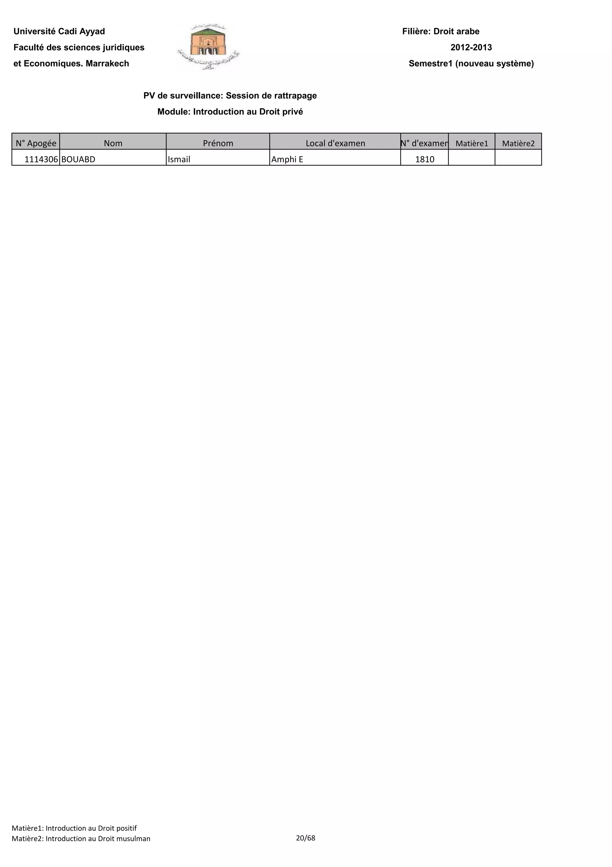 Filière: Droit arabe
Faculté des sciences juridiques
et Economiques. Marrakech
N° Apogée Nom Prénom Local d'examen N° d'examen Matière1 Matière2
Université Cadi Ayyad
PV de surveillance: Session de rattrapage
Module: Introduction au Droit privé
2012-2013
Semestre1 (nouveau système)
1114306 BOUABD Ismail Amphi E 1810
Matière1: Introduction au Droit positif
Matière2: Introduction au Droit musulman 20/68
 