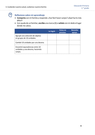 3. Cuidando nuestra salud, cuidamos nuestra familia
9
Educación Primaria
1.er
grado
Reflexiono sobre mi aprendizaje
• Comparto con mi familia y respondo: ¿fue fácil hacer canjes? ¿Qué fue lo más
difícil?
• Con ayuda de un familiar, escribo una marca (X) o señalo con mi dedo el lugar
donde me ubico.
Lo logré.
Estoy en
proceso.
Necesito
apoyo.
Agrupé una colección de objetos
en grupos de 10 unidades.
Cambié 10 unidades por una decena.
Encontré equivalencias entre 10
unidades y una decena, haciendo
canjes.
 