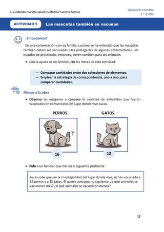 3. Cuidando nuestra salud, cuidamos nuestra familia
12
Educación Primaria
1.er
grado
¡Empecemos!
En una conversación con su familia, Luciano se ha enterado que las mascotas
también deben ser vacunadas para protegerlas de algunas enfermedades. Los
escudos de protección, entonces, sirven también para los animales.
• Con la ayuda de un familiar, leo las metas de esta actividad:
Manos a la obra
• Observo las imágenes y conozco la cantidad de animalitos que fueron
vacunados en el municipio del lugar donde vive Lucas.
PERROS GATOS
• Pido a un familiar que me lea el siguiente problema:
Lucas sabe que, en la municipalidad del lugar donde vive, se han vacunado a
16 perros y a 12 gatos. Él quiere averiguar lo siguiente: ¿a qué animales se
vacunaron más? ¿A qué animales se vacunaron menos?
— Comparar cantidades entre dos colecciones de elementos.
— Emplear la estrategia de correspondencia, uno a uno, para
comparar cantidades.
ACTIVIDAD 5 Las mascotas también se vacunan
16 12
 