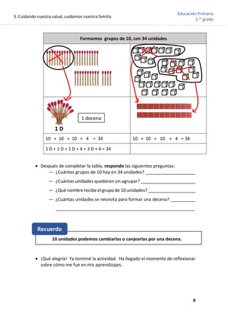 3. Cuidando nuestra salud, cuidamos nuestra familia
8
Educación Primaria
1.er
grado
Formamos grupos de 10, con 34 unidades
10 + 10 + 10 + 4 = 34 10 + 10 + 10 + 4 = 34
1 D + 1 D + 1 D + 4 = 3 D + 4 = 34
• Después de completar la tabla, respondo las siguientes preguntas:
— ¿Cuántos grupos de 10 hay en 34 unidades? ____________________
— ¿Cuántas unidades quedaron sin agrupar? ______________________
— ¿Qué nombre recibe el grupo de 10 unidades? ___________________
— ¿Cuántas unidades se necesita para formar una decena? __________
________________________________________________________
• ¡Qué alegría! Ya terminé la actividad. Ha llegado el momento de reflexionar
sobre cómo me fue en mis aprendizajes.
Cantidad de niños y n
Niños
Niñas
Cantidad de niños
Niños
Niñas
Cantidad de niñ
Niños
Niñas
Cantidad de
Niño
Niña
Cantidad
N
N
Canti
C
Cantidad de niños y n
Niños
Niñas
Cantidad de niños
Niños
Niñas
Cantidad de n
Niños
Niñas
Cantida
Can
Cantidad de niñ
Niños
Niñas
Cantidad de
Niño
Niña
Cantida
Cant
C
Cantidad de niños y
Niños
Niñas
Cantidad de niños y n
Niños
Niñas
Cantidad de niños
Niños
Niñas
Cantidad de niñ
Niños
Niñas
Cantidad d
Niñ
Niñ
Cantida
Can
Cantidad de niño
Niños
Niñas
Cantidad de
Niño
Niña
Cantida
1 D
1 decena
10 unidades podemos cambiarlas o canjearlas por una decena.
Recuerdo
 