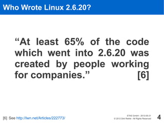 Who Wrote Linux 2.6.20?



       “At least 65% of the code
       which went into 2.6.20 was
       created by people wor...