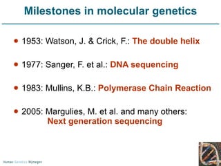 1953: Watson, J. & Crick, F.:  The double helix 1977: Sanger, F. et al.:  DNA sequencing 1983: Mullins, K.B.:  Polymerase Chain Reaction 2005: Margulies, M. et al. and many others:    Next generation sequencing Milestones in molecular genetics 