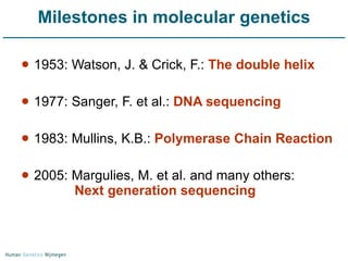 1953: Watson, J. & Crick, F.:  The double helix 1977: Sanger, F. et al.:  DNA sequencing 1983: Mullins, K.B.:  Polymerase Chain Reaction 2005: Margulies, M. et al. and many others:    Next generation sequencing Milestones in molecular genetics 
