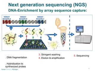 DNA-Enrichment by array sequence capture: 1.  DNA fragmentation 2.  Hybridization to synthesized probes Next generation sequencing (NGS) 5.  Sequencing  3.  Stringent washing  4.  Elution & amplification 