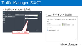 Traffic Manager の負荷分散方法
Traffic Manager には、3つの負荷分散方法が用意されている。
ディザスタ リカバリを目的とする場合、「フェールオーバー」が相応
しい負荷分散方法になる。
• フェールオーバー
• ラウンド ロビン
• パフォーマンス
21
http://msdn.microsoft.com/library/azure/dn339010.aspx
 