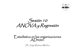 Sesión 10
ANOVA y Regresión
Estadística en las organizaciones
AD4001
Dr. Jorge Ramírez Medina
 