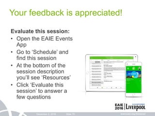 December 2, 2016 Slide 70
Your feedback is appreciated!
Evaluate this session:
• Open the EAIE Events
App
• Go to ‘Schedule’ and
find this session
• At the bottom of the
session description
you’ll see ‘Resources’
• Click ‘Evaluate this
session’ to answer a
few questions
 
