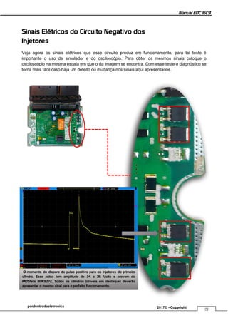 Manual EDC 16C9
19
pordentrodaeletronica 2017© - Copyright
Sinais Elétricos do Circuito Negativo dos
Injetores
Veja agora os sinais elétricos que esse circuito produz em funcionamento, para tal teste é
importante o uso de simulador e do osciloscópio. Para obter os mesmos sinais coloque o
osciloscópio na mesma escala em que o da imagem se encontra. Com esse teste o diagnóstico se
torna mais fácil caso haja um defeito ou mudança nos sinais aqui apresentados.
O momento do disparo de pulso positivo para os injetores do primeiro
cilindro. Esse pulso tem amplitude de 24 a 36 Volts e provem do
MOSfets BUK9272. Todos os cilindros (drivers em destaque) deverão
apresentar o mesmo sinal para o perfeito funcionamento.
 