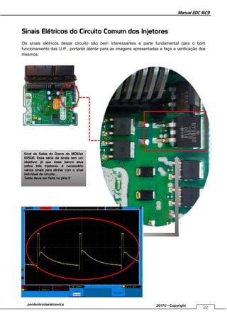 Manual EDC 16C9
22
pordentrodaeletronica 2017© - Copyright
Sinais Elétricos do Circuito Comum dos Injetores
Os sinais elétricos desse circuito são bem interessantes e parte fundamental para o bom
funcionamento das U.P., portanto atente para as imagens apresentadas e faça a verificação dos
mesmos.
Sinal de Saída do Dreno do MOSfet
1D15DE. Essa série de sinais tem um
objetivo: já que esse banco atua
sobre três injetores. é necessário
vários sinais para alinhar com o sinal
individual do circuito .
Teste deve ser feito no pino 2
 