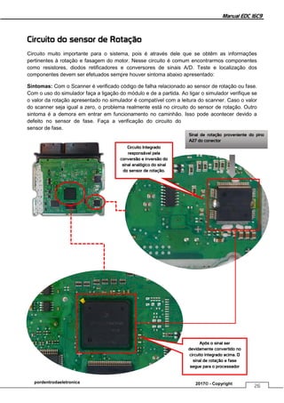 Manual EDC 16C9
26
pordentrodaeletronica 2017© - Copyright
Circuito do sensor de Rotação
Circuito muito importante para o sistema, pois é através dele que se obtêm as informações
pertinentes à rotação e fasagem do motor. Nesse circuito é comum encontrarmos componentes
como resistores, diodos retificadores e conversores de sinais A/D. Teste e localização dos
componentes devem ser efetuados sempre houver sintoma abaixo apresentado:
Sintomas: Com o Scanner é verificado código de falha relacionado ao sensor de rotação ou fase.
Com o uso do simulador faça a ligação do módulo e de a partida. Ao ligar o simulador verifique se
o valor da rotação apresentado no simulador é compatível com a leitura do scanner. Caso o valor
do scanner seja igual a zero, o problema realmente está no circuito do sensor de rotação. Outro
sintoma é a demora em entrar em funcionamento no caminhão. Isso pode acontecer devido a
defeito no sensor de fase. Faça a verificação do circuito do
sensor de fase.
Sinal de rotação proveniente do pino
A27 do conector
Circuito Integrado
responsável pela
conversão e inversão do
sinal analógico do sinal
do sensor de rotação.
Após o sinal ser
devidamente convertido no
circuito integrado acima. O
sinal de rotação e fase
segue para o processador
 