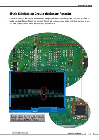 Manual EDC 16C9
28
pordentrodaeletronica 2017© - Copyright
Sinais Elétricos do Circuito do Sensor Rotação
Os sinais elétricos do circuito do sensor de rotação mostrarão algumas particularidades e serão de
ajuda no diagnóstico elétrico do mesmo. Atente as variações que esse sinal terá durante o seu
funcione e certifique-se se há alguma não plausibilidade.
Sinal de rotação proveniente do sensor. Em
destaque o dente duplo cujo objetivo é marcar o
início da contagem do PMS do 1º cilindro.
 