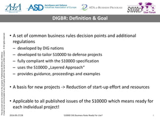 ThisdocumentanditscontentisthepropertyofNetherlandsMinistryofDefence
Itshallnotbecommunicatedtoanythirdpartywithouttheowner’swrittenconsent.©Allrightsreserved.
• A set of common business rules decision points and additional
regulations
– developed by DIG nations
– developed to tailor S1000D to defense projects
– fully compliant with the S1000D specification
– uses the S1000D „Layered Approach“
– provides guidance, proceedings and examples
• A basis for new projects -> Reduction of start-up effort and resources
• Applicable to all published issues of the S1000D which means ready for
each individual project!
2016-09-27/28 S1000D DIG Business Rules Ready For Use? 6
DIGBR: Definition & Goal
 