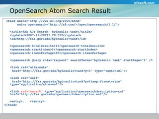 OpenSearch Atom Search Result <feed xmlns="http://www.w3.org/2005/Atom"  xmlns:opensearch="http://a9.com/-/spec/opensearch/1.1/"> <title>FAA ADs Search: hydraulic tank</title>  <updated>2007-11-20T15:20:02Z</updated> <id>http://faa.gov/ads/hydraulic+tank</id> <opensearch:totalResults>1</opensearch:totalResults> <opensearch:startIndex>1</opensearch:startIndex> <opensearch:itemsPerPage>20</opensearch:itemsPerPage> <opensearch:Query role="request" searchTerms="hydraulic tank" startPage="1" /> <link rel="alternate"  href="http://faa.gov/ads/hydraulic+tank?p=1" type="text/html"/> <link rel="self"  href="http://faa.gov/ads/hydraulic+tank?p=1&amp;format=atom"  type="application/atom+xml"/> <link  rel="search"  type="application/opensearchdescription+xml"  href="http://faa.gov/ads/opensearchdescription.xml"/> <entry>... </entry> </feed> 