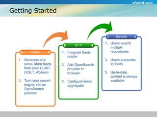 Getting Started IETP Benefits Integrate feeds reader Add OpenSearch provider to browser  Configure feeds aggregator Users search multiple repositories  Users subscribe to feeds Up-to-date content is always available CSDB Generate and serve Atom feeds from your CSDB (XSLT, Abdera)‏ Turn your search engine into an OpenSearch provider  