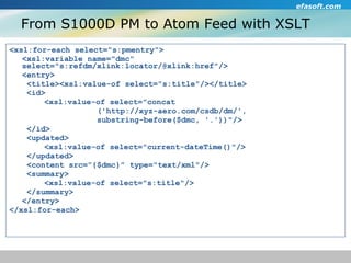 From S1000D PM to Atom Feed with XSLT <xsl:for-each select="s:pmentry"> <xsl:variable name="dmc"    select="s:refdm/xlink:locator/@xlink:href"/> <entry> <title><xsl:value-of select="s:title"/></title> <id> <xsl:value-of select="concat ('http://xyz-aero.com/csdb/dm/',  substring-before($dmc, '.'))"/> </id> <updated> <xsl:value-of select="current-dateTime()"/> </updated> <content src="{$dmc}" type="text/xml"/> <summary> <xsl:value-of select="s:title"/> </summary> </entry> </xsl:for-each> 
