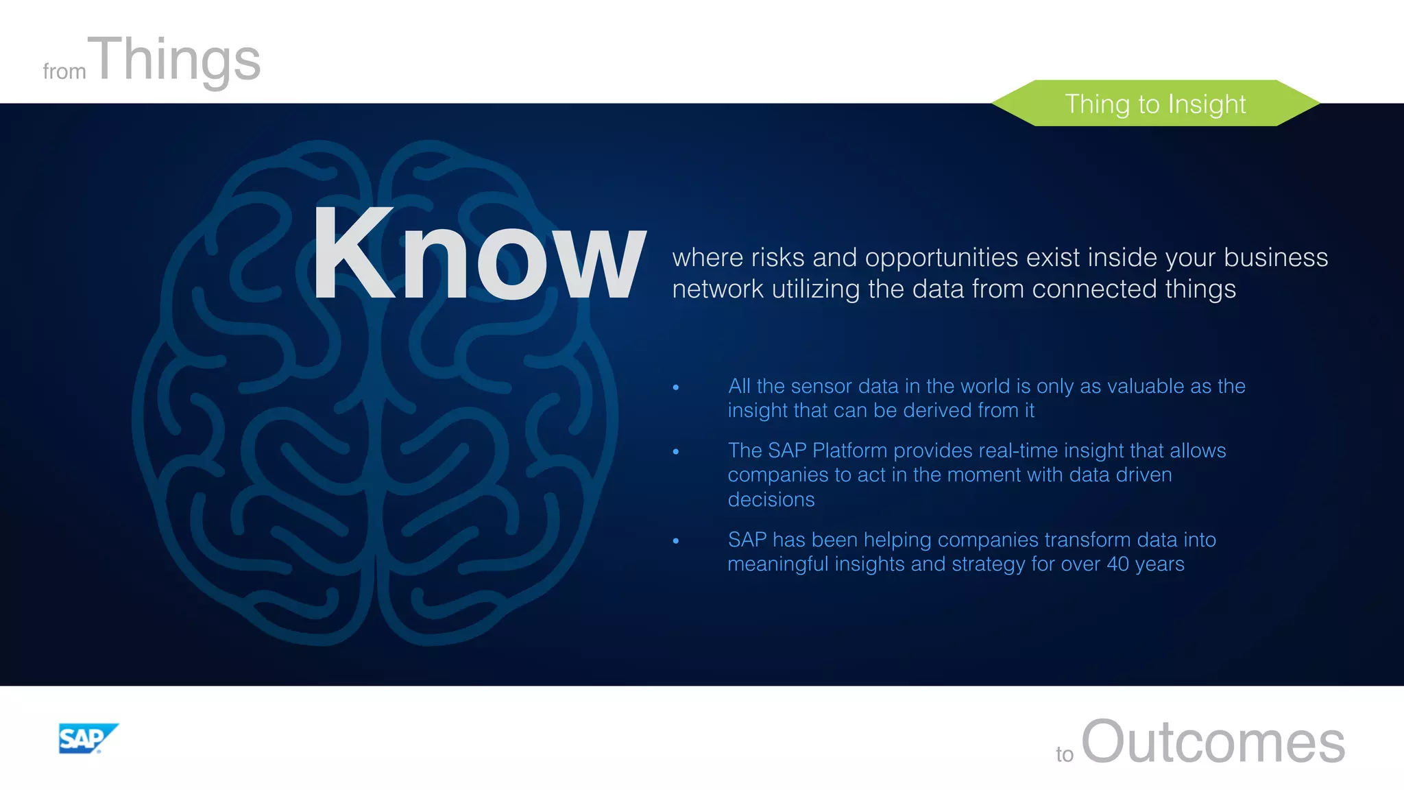 Thing to Insight!
where risks and opportunities exist inside your business
network utilizing the data from connected things!
fromThings
to Outcomes
Know
•  All the sensor data in the world is only as valuable as the
insight that can be derived from it!
•  The SAP Platform provides real-time insight that allows
companies to act in the moment with data driven
decisions!
•  SAP has been helping companies transform data into
meaningful insights and strategy for over 40 years!
 