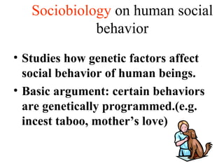 Sociobiology on human social
             behavior
• Studies how genetic factors affect
  social behavior of human beings.
• Basic argument: certain behaviors
  are genetically programmed.(e.g.
  incest taboo, mother’s love)
 