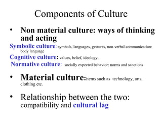 Components of Culture
• Non material culture: ways of thinking
  and acting
Symbolic culture: symbols, languages, gestures, non-verbal communication:
     body language
Cognitive culture: values, belief, ideology,
Normative culture: socially expected behavior: norms and sanctions

• Material culture:items such as technology, arts,
     clothing etc.


• Relationship between the two:
     compatibility and cultural lag
 