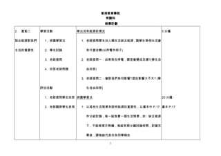 香港教育學院
常識科
教學計劃
5
2. 重點二
說出能源對我們
生活的重要性
學習活動
1. 拼圖學習法
2. 學生討論
3. 老師提問
4. 回答老師問題
評估活動
1. 老師提問學生回答
2. 老師觀察學生表現
舉出沒有能源的情況
1. 老師提問學生如人類生活缺乏能源，請學生舉例生活會
有什麼改變(以停電作例子)
2. 老師提問一：如果現在停電，課室會變成怎樣?(學生自
由回答)
3. 老師提問二：會對我們有何影響?這些影響大不大? (學
生自由回答)
拼圖學習法
1. 以其他生活情景來說明能源的重要性，以書本中 P.17
作分組討論，每一組負責一個生活情景，如：缺乏能源
下，不能乘搭升降機，每組有兩分鐘討論時間，討論完
畢後，請每組代表向各同學報告
5 分鐘
20 分鐘
書本 P.17
 