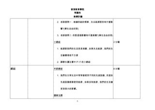 香港教育學院
常識科
教學計劃
6
2. 老師提問一：根據你組的情景，失去能源對你有什麼影
響?(學生自由回答)
3. 老師提問二：你對這個影響有什麼感覺?(學生自由回答)
小總結
1. 能源對我們的生活息息相關，如果失去能源，我們的生
活會變得很不方便
2. 請學生讀出書中 P.17 的小總結
2 分鐘
總結 本節總結
1. 我們在日常生活中常常都使用不同的先進設備，而這些
先進設備都要使用能源，如果沒有能源，我們的生活會
受到很大的影響。
講解功課
8 分鐘
 
