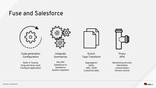 Fuse and Salesforce
Code generation
Configuration
Built-in Tooling
Drag and drop route
Configure application
Integrate
Summarize
HR, ERP
Salesforce to
Salesforce
System migration
Enrich
Type Transform
Aggregators
Splits
XML, JSON
Customize data
Proxy
APIs
Monetizing services
Information
customization
Version control
 
