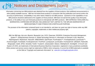 © 2015 IBM Corporation
The Future of CICS is closer than you think - S102
Notices and Disclaimers (con’t)
Information concerning non-IBM products was obtained from the suppliers of those products, their published announcements or
other publicly available sources. IBM has not tested those products in connection with this publication and cannot confirm the
accuracy of performance, compatibility or any other claims related to non-IBM products. Questions on the capabilities of non-
IBM products should be addressed to the suppliers of those products. IBM does not warrant the quality of any third-party
products, or the ability of any such third-party products to interoperate with IBM’s products. IBM EXPRESSLY DISCLAIMS ALL
WARRANTIES, EXPRESSED OR IMPLIED, INCLUDING BUT NOT LIMITED TO, THE IMPLIED WARRANTIES OF
MERCHANTABILITY AND FITNESS FOR A PARTICULAR PURPOSE.
The provision of the information contained herein is not intended to, and does not, grant any right or license under any IBM
patents, copyrights, trademarks or other intellectual property right.
IBM, the IBM logo, ibm.com, Bluemix, Blueworks Live, CICS, Clearcase, DOORS®, Enterprise Document Management
System™, Global Business Services ®, Global Technology Services ®, Information on Demand, ILOG, Maximo®,
MQIntegrator®, MQSeries®, Netcool®, OMEGAMON, OpenPower, PureAnalytics™, PureApplication®, pureCluster™,
PureCoverage®, PureData®, PureExperience®, PureFlex®, pureQuery®, pureScale®, PureSystems®, QRadar®, Rational®,
Rhapsody®, SoDA, SPSS, StoredIQ, Tivoli®, Trusteer®, urban{code}®, Watson, WebSphere®, Worklight®, X-Force® and
System z® Z/OS, are trademarks of International Business Machines Corporation, registered in many jurisdictions worldwide.
Other product and service names might be trademarks of IBM or other companies. A current list of IBM trademarks is available
on the Web at "Copyright and trademark information" at: www.ibm.com/legal/copytrade.shtml.
27
 