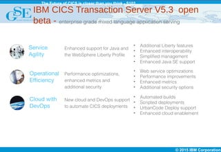 © 2015 IBM Corporation
The Future of CICS is closer than you think - S102
IBM CICS Transaction Server V5.3 open
beta - enterprise grade mixed language application serving
Service
Agility
Enhanced support for Java and
the WebSphere Liberty Profile
Cloud with
DevOps
Operational
Efficiency
Performance optimizations,
enhanced metrics and
additional security
New cloud and DevOps support
to automate CICS deployments
• Additional Liberty features
• Enhanced interoperability
• Simplified management
• Enhanced Java SE support
• Web service optimizations
• Performance improvements
• Enhanced metrics
• Additional security options
• Automated builds
• Scripted deployments
• UrbanCode Deploy support
• Enhanced cloud enablement
 