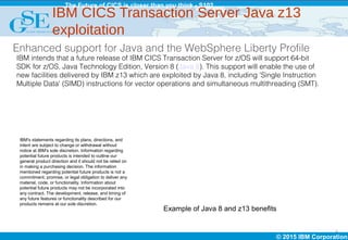 © 2015 IBM Corporation
The Future of CICS is closer than you think - S102
9
IBM intends that a future release of IBM CICS Transaction Server for z/OS will support 64-bit
SDK for z/OS, Java Technology Edition, Version 8 (Java 8). This support will enable the use of
new facilities delivered by IBM z13 which are exploited by Java 8, including 'Single Instruction
Multiple Data' (SIMD) instructions for vector operations and simultaneous multithreading (SMT).
IBM's statements regarding its plans, directions, and
intent are subject to change or withdrawal without
notice at IBM's sole discretion. Information regarding
potential future products is intended to outline our
general product direction and it should not be relied on
in making a purchasing decision. The information
mentioned regarding potential future products is not a
commitment, promise, or legal obligation to deliver any
material, code, or functionality. Information about
potential future products may not be incorporated into
any contract. The development, release, and timing of
any future features or functionality described for our
products remains at our sole discretion.
Example of Java 8 and z13 benefits
Enhanced support for Java and the WebSphere Liberty Profile
IBM CICS Transaction Server Java z13
exploitation
 