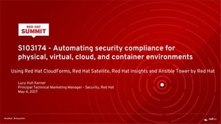 S103174 - Automating security compliance for
physical, virtual, cloud, and container environments
Using Red Hat CloudForms, Red Hat Satellite, Red Hat Insights and Ansible Tower by Red Hat
Lucy Huh Kerner
Principal Technical Marketing Manager - Security, Red Hat
May 4, 2017
 