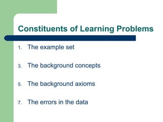 Constituents of Learning Problems The example set The background concepts The background axioms The errors in the data 