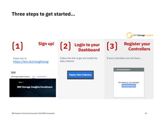 IBM Systems Technical University © 2018 IBM Corporation
Three steps to get started…
20
Head over to
https://ibm.biz/insightsreg
Follow the link to get and install the
data collector
If your controllers are not there…
1 2 3Sign up! Login to your
Dashboard
Register your
Controllers
 