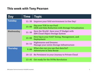 IBM Systems Technical University © 2018 IBM Corporation
This week with Tony Pearson
3
Day Time Topic
Tuesday 11:30 Improve your NAS environment in One Day!
15:00
Dip your TOE in our Pool!
iSER and Data Reduction with Storage Virtualization
Wednesday 11:30
Save the World! Save your IT Budget with
IBM Cloud Object Storage System
15:00
How big is your NAS? Sizing, Management, and
Deployment
16:15
Nightmares and Dreams:
Manage your entire Storage Infrastructure
Thursday 9:00
What else can you use that data for?
Adventures in Data Reuse
10:15 Be Persistent in your Journey to Private Cloud
13:45 Get ready for the NVMe Revolution
 