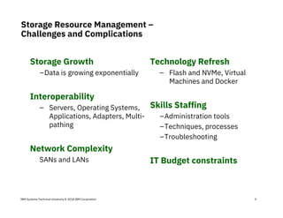IBM Systems Technical University © 2018 IBM Corporation
Storage Resource Management –
Challenges and Complications
Storage Growth
–Data is growing exponentially
Interoperability
– Servers, Operating Systems,
Applications, Adapters, Multi-
pathing
Network Complexity
SANs and LANs
Technology Refresh
– Flash and NVMe, Virtual
Machines and Docker
Skills Staffing
–Administration tools
–Techniques, processes
–Troubleshooting
IT Budget constraints
5
 