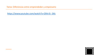 Tarea: Diferencias entre emprendedor y empresario
https://www.youtube.com/watch?v=ZXItr3i_GKc
 