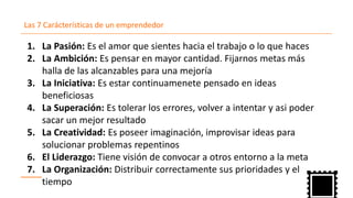Las 7 Carácterísticas de un emprendedor
La Pasión:1. Es el amor que sientes hacia el trabajo o lo que haces
La Ambición:2. Es pensar en mayor cantidad. Fijarnos metas más
halla de las alcanzables para una mejoría
La Iniciativa:3. Es estar continuamenete pensado en ideas
beneficiosas
La Superación:4. Es tolerar los errores, volver a intentar y asi poder
sacar un mejor resultado
La Creatividad:5. Es poseer imaginación, improvisar ideas para
solucionar problemas repentinos
El Liderazgo:6. Tiene visión de convocar a otros entorno a la meta
La Organización:7. Distribuir correctamente sus prioridades y el
tiempo
 