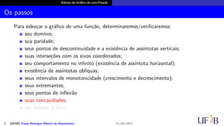 Esboço do Gráfico de uma Função
Os passos
Para esboçar o gráfico de uma função, determinaremos/verificaremos:
seu domínio;
sua paridade;
seus pontos de descontinuidade e a existência de assíntotas verticais;
suas interseções com os eixos coordenados;
seu comportamento no infinito (existência de assíntota horizontal);
existência de assíntotas oblíquas;
seus intervalos de monotonicidade (crescimento e decrescimento);
seus extremantes;
seus pontos de inflexão
suas concavidades;
seu esboço gráfico.
2 CETEC Paulo Henrique Ribeiro do Nascimento 01/06/2022
 