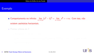 Esboço do Gráfico de uma Função
Exemplo
Comportamento no infinito: lim
x→±∞
(x2
− 1)3
= lim
x→±∞
x6
= +∞. Com isso, não
existem assíntotas horizontais.
Pontos críticos de f:
Temos que f′
(x) = 6x(x2
− 1)2
.
Logo, resolvendo a equação f′
(x) = 0, obtemos x = 0, x = 1 e x = −1, que são os
pontos críticos de f.
3 CETEC Paulo Henrique Ribeiro do Nascimento 01/06/2022
 