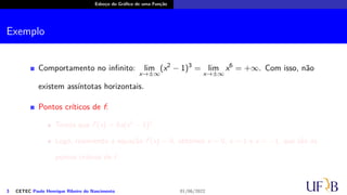 Esboço do Gráfico de uma Função
Exemplo
Comportamento no infinito: lim
x→±∞
(x2
− 1)3
= lim
x→±∞
x6
= +∞. Com isso, não
existem assíntotas horizontais.
Pontos críticos de f:
Temos que f′
(x) = 6x(x2
− 1)2
.
Logo, resolvendo a equação f′
(x) = 0, obtemos x = 0, x = 1 e x = −1, que são os
pontos críticos de f.
3 CETEC Paulo Henrique Ribeiro do Nascimento 01/06/2022
 