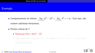 Esboço do Gráfico de uma Função
Exemplo
Comportamento no infinito: lim
x→±∞
(x2
− 1)3
= lim
x→±∞
x6
= +∞. Com isso, não
existem assíntotas horizontais.
Pontos críticos de f:
Temos que f′
(x) = 6x(x2
− 1)2
.
Logo, resolvendo a equação f′
(x) = 0, obtemos x = 0, x = 1 e x = −1, que são os
pontos críticos de f.
3 CETEC Paulo Henrique Ribeiro do Nascimento 01/06/2022
 