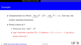 Esboço do Gráfico de uma Função
Exemplo
Comportamento no infinito: lim
x→±∞
(x2
− 1)3
= lim
x→±∞
x6
= +∞. Com isso, não
existem assíntotas horizontais.
Pontos críticos de f:
Temos que f′
(x) = 6x(x2
− 1)2
.
Logo, resolvendo a equação f′
(x) = 0, obtemos x = 0, x = 1 e x = −1, que são os
pontos críticos de f.
3 CETEC Paulo Henrique Ribeiro do Nascimento 01/06/2022
 