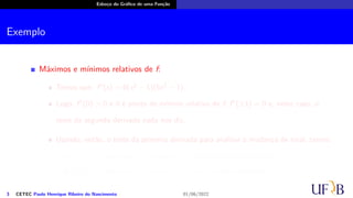 Esboço do Gráfico de uma Função
Exemplo
Máximos e mínimos relativos de f:
Temos que: f′′
(x) = 6(x2
− 1)(5x2
− 1).
Logo, f′′
(0) > 0 e 0 é ponto de mínimo relativo de f; f′′
(±1) = 0 e, neste caso, o
teste da segunda derivada nada nos diz.
Usando, então, o teste da primeira derivada para analisar a mudança de sinal, temos:
f′
(x) < 0, para todo x < 0; então x = −1 não é ponto extremo de f.
f′
(x) > 0, para todo x > 0; então x = 1 não é ponto extremo de f.
3 CETEC Paulo Henrique Ribeiro do Nascimento 01/06/2022
 