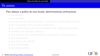 Esboço do Gráfico de uma Função
Os passos
Para esboçar o gráfico de uma função, determinaremos/verificaremos:
seu domínio;
sua paridade;
seus pontos de descontinuidade e a existência de assíntotas verticais;
suas interseções com os eixos coordenados;
seu comportamento no infinito (existência de assíntota horizontal);
existência de assíntotas oblíquas;
seus intervalos de monotonicidade (crescimento e decrescimento);
seus extremantes;
seus pontos de inflexão
suas concavidades;
seu esboço gráfico.
2 CETEC Paulo Henrique Ribeiro do Nascimento 01/06/2022
 