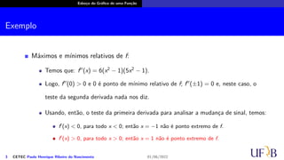 Esboço do Gráfico de uma Função
Exemplo
Máximos e mínimos relativos de f:
Temos que: f′′
(x) = 6(x2
− 1)(5x2
− 1).
Logo, f′′
(0) > 0 e 0 é ponto de mínimo relativo de f; f′′
(±1) = 0 e, neste caso, o
teste da segunda derivada nada nos diz.
Usando, então, o teste da primeira derivada para analisar a mudança de sinal, temos:
f′
(x) < 0, para todo x < 0; então x = −1 não é ponto extremo de f.
f′
(x) > 0, para todo x > 0; então x = 1 não é ponto extremo de f.
3 CETEC Paulo Henrique Ribeiro do Nascimento 01/06/2022
 