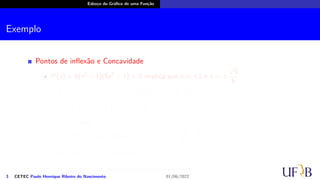 Esboço do Gráfico de uma Função
Exemplo
Pontos de inflexão e Concavidade
f′′
(x) = 6(x2
− 1)(5x2
− 1) = 0 implica que x = ±1 e x = ±
√
5
5
.
f′′
(x) > 0, se x ∈ (−∞, −1) ∪
(
−
√
5
5
,
√
5
5
)
∪ (1, ∞) e f′′
(x) < 0 se
x ∈
(
−1, −
√
5
5
)
∪
(√
5
5
, 1
)
.
Conclusão:
f tem C.P. nos intervalos (−∞, −1),
(
−
√
5
5
,
√
5
5
)
e (1, ∞).
f tem C.N. nos intervalos
(
−1, −
√
5
5
)
e
(√
5
5
, 1
)
.
e as abscissas dos pontos de inflexão de f são x = ±1 e x = ±
√
5
5
.
3 CETEC Paulo Henrique Ribeiro do Nascimento 01/06/2022
 