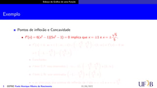Esboço do Gráfico de uma Função
Exemplo
Pontos de inflexão e Concavidade
f′′
(x) = 6(x2
− 1)(5x2
− 1) = 0 implica que x = ±1 e x = ±
√
5
5
.
f′′
(x) > 0, se x ∈ (−∞, −1) ∪
(
−
√
5
5
,
√
5
5
)
∪ (1, ∞) e f′′
(x) < 0 se
x ∈
(
−1, −
√
5
5
)
∪
(√
5
5
, 1
)
.
Conclusão:
f tem C.P. nos intervalos (−∞, −1),
(
−
√
5
5
,
√
5
5
)
e (1, ∞).
f tem C.N. nos intervalos
(
−1, −
√
5
5
)
e
(√
5
5
, 1
)
.
e as abscissas dos pontos de inflexão de f são x = ±1 e x = ±
√
5
5
.
3 CETEC Paulo Henrique Ribeiro do Nascimento 01/06/2022
 